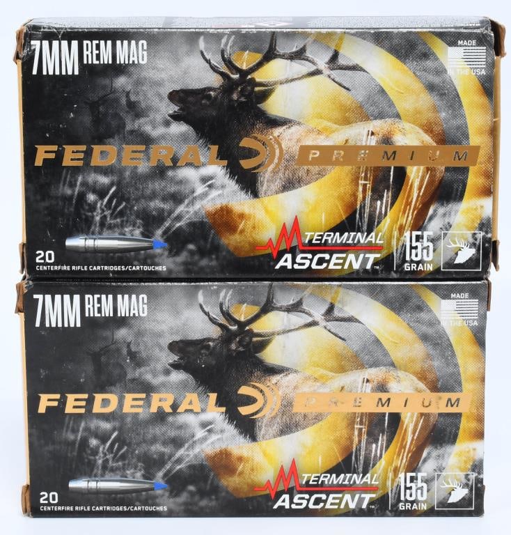 40 Rds Of Federal Premium 7mm Rem Mag Ammo: 40 Rds Of Federal Premium 7mm Rem Mag Ammo Federal has taken their ammo to a new height with Terminal Ascent. Featuring a bonded projectile made to expand at lower velocity with a polymer tip that als