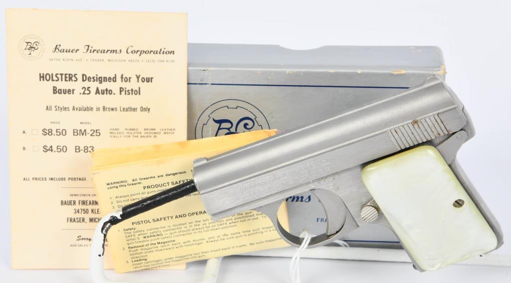 Bauer Firearms Automatic Stainless Pistol .25 ACP: Up Next We Have a Little Bauer Firearms Automatic Semi Auto Pistol Chambered For .25 ACP, It Comes WIth Faux Pearl Grips, and Comes in The Factory Box. It Appears in Excellent Like New Condition. Thes