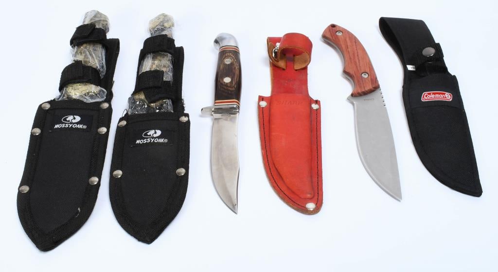 4 Various Size Hunting Knives: 4 Various Size Hunting Knives, 2 New Mossyoak Fixed Blade Camo Hunting Knives With Sheaths, 1 Coleman Wood Handle Knife With Sheath, & 1 Fixed Blade Knife With Leather Sheath