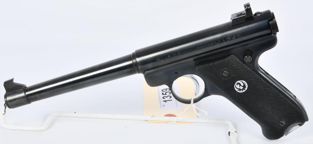 Ruger Mark I Standard Semi Auto Pistol .22 LR: Up Next We Have a Ruger Mark I Standard Semi Auto Pistol Chambered in .22 LR and Comes With One Magazine, Serial # 199838. Factory Wood Grips, 7" Tapered Barrel, Overall Appears in Excellent Pre-owned