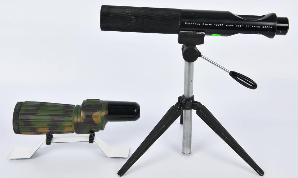 1 Simmons & 1 Bushnell Spotting Scope W/ Tripod: 1 Simmons & 1 Bushnell Spotting Scope W/ Tripod, includes 1 Simmons 25x50 Camo Spotting Scope & 1 Bushnell 9to30 Power 40mm Zoom Spotting Scope, & 1 Adjustable Tripod
