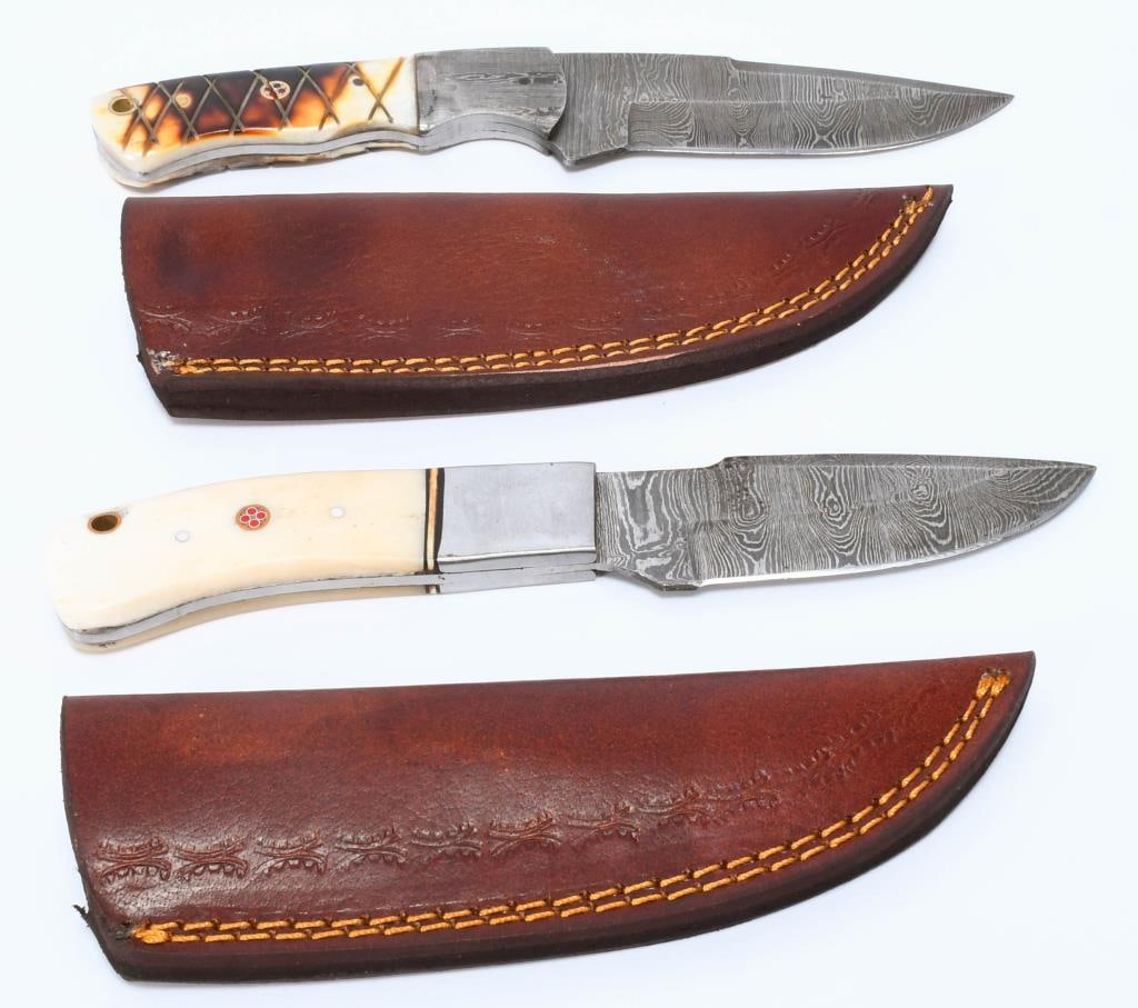 2 Hand Made Damascus Steel Fixed Blade Knives: 2 Hand Made Damascus Steel Fixed Blade Knives With Leather Sheaths, Custom Made Wood Handles, These Knives Are Made From Serveral Layers Of 1095 And 15N20 Steel Folded Multiple Times Creating 288 And 