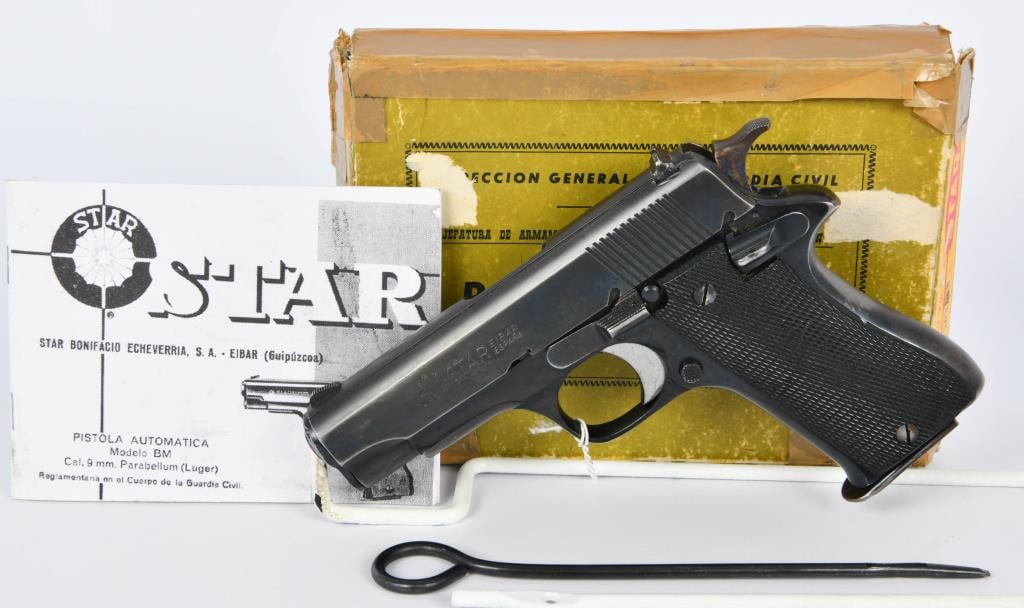 STAR model BM Semi Auto 9mm Pistol w/box & Paper: Up Next We Have a Star Model BM Semi Automatic Pistol Chambered in 9MM Nato, with box and Paper, and One Magazine. Made between 1972 and 1992, STAR BM pistols were manufactured by Star Bonifacio Echev
