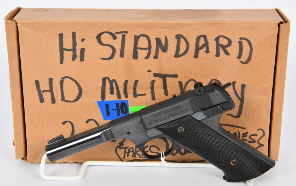 High Standard Model H-D Military .22 LR Pistol: High Standard Model H-D Military semi auto pistol chambered in the .22 LR, Comes with a barrel that measures approx 4 1/2" in length, has front and rear sights, plastic grips with checkering design. o
