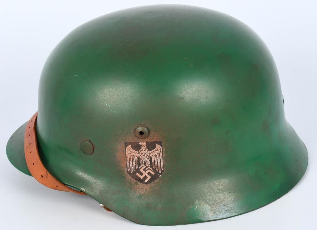 German WWI Wehrmacht M35 Double Decal Helmet: German WWII Service Worn Wehrmacht M35 Double Decal Helmet with Liner- Model 1935 German WWII Early Apple Green "double decal" helmet with a German Eagle decal on the left side, and a "National Colors