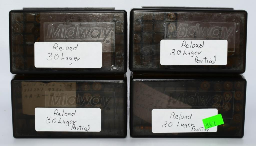 106 Rounds Of Mixed .30 Luger Ammunition: 106 Rounds Of Mixed .30 Luger Ammunition, Brass Cased, Various Head Stamped Ammo With 4 Plastic Ammunition Storage Containers
