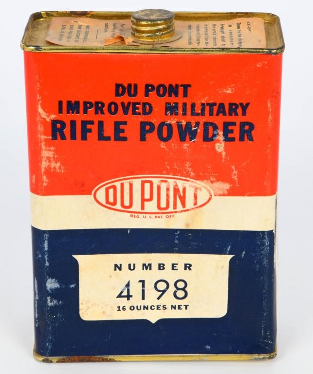 Vintage Du Pont Improved Military Rifle Powder: Vintage Du Pont Improved Military Rifle Powder, In The Original Container NUmber 4198 , Appears Mostly Full , Made in USA