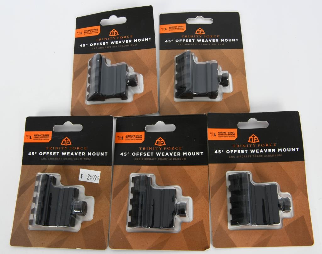 5 Trinity Force 45-Degree Flashlight/Optics Mounts: Greetings, bidders! Get ready to brighten up your firearms collection with this set of 5 Trinity Force 45-Degree Off-Set Flashlight/Optics Mounts. These mounts are brand new and designed for tactical