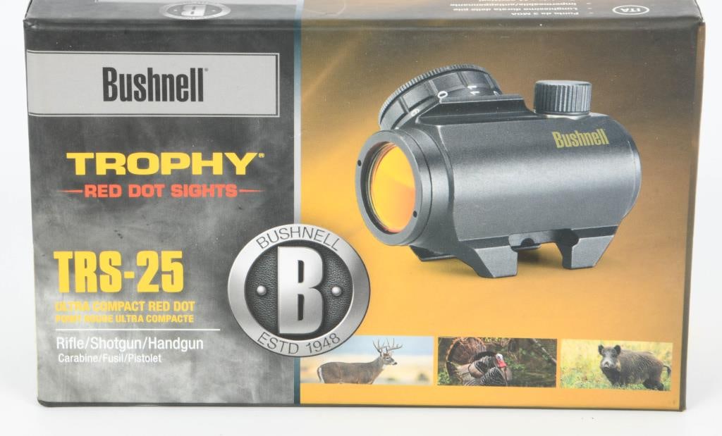 New Bushnell TRS-25 Trophy Series Red Dot Sight: New Bushnell TRS-25 Trophy Series Red Dot Sight, The Bushnell Trophy 1x25mm TRS Red Dot Sight is an ultra-compact red dot gun sight for the committed shooter. For fast target acquisition and accuracy 