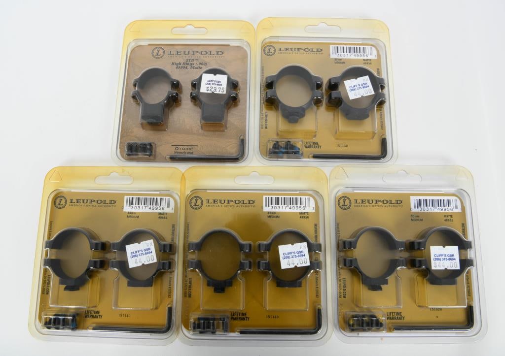 5 New In Package Leupold Scope Rings: Upgrade your optic setup with our exclusive auction featuring 5 New In Package Leupold Scope Rings. This comprehensive set includes 4 Matte Black 30mm Medium Scope Rings and 1 Standard High Matte Blac