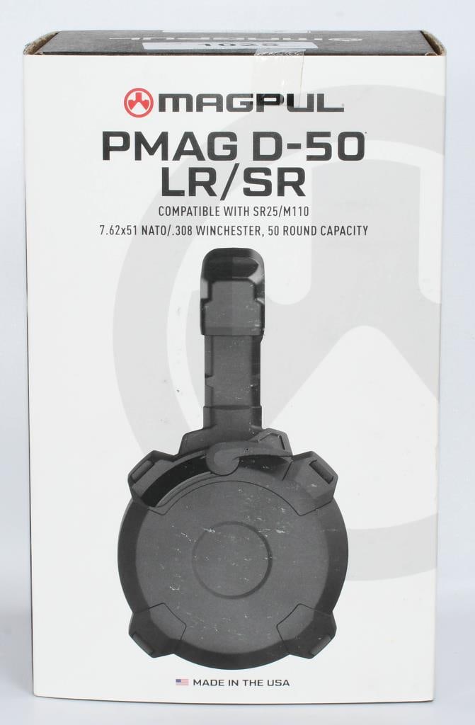 NIB Magpul LR-308/SR-25 D-50 Drum Magazine: NIB Magpul LR-308/SR-25 D-50 Drum Magazine .308/7.62 50 Rounds Polymer Black Adding to their line up of the tried, true and immensely popular magazines, Magpul offers the PMAG D-50 drum magazine for L