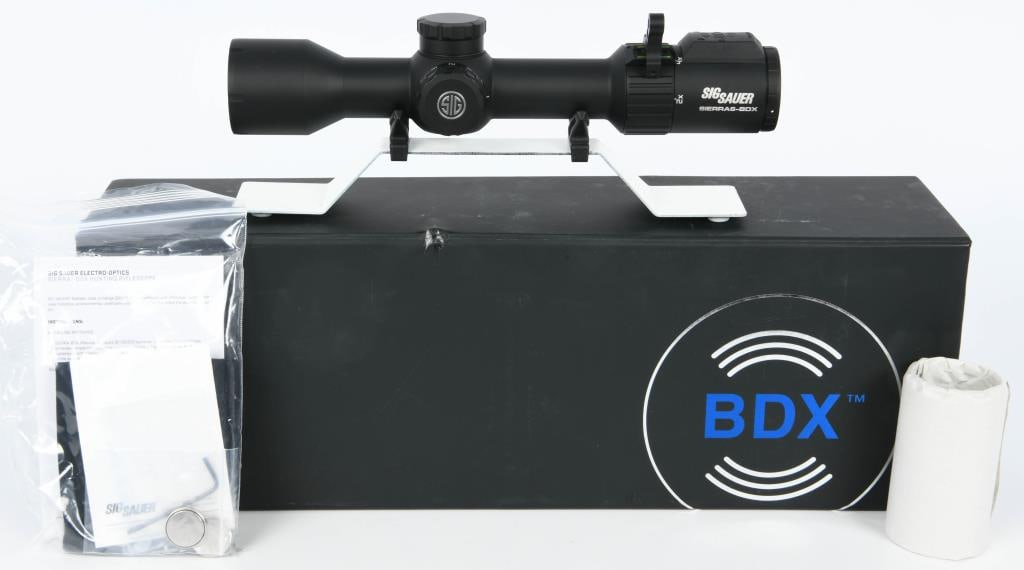 NIB Sig Sauer Sierra 6BDX 2-12x40mm Rifle Scope: NIB Sig Sauer Sierra 6BDX 2-12x40mm Rifle Scope, 30mm Tube BDX-R2 Ballistic Reticle 0.25 MOA Adjustment Bluetooth Take the guesswork out of your shooting with the SIERRA6BDX rifle scope. BDX, Ballisti