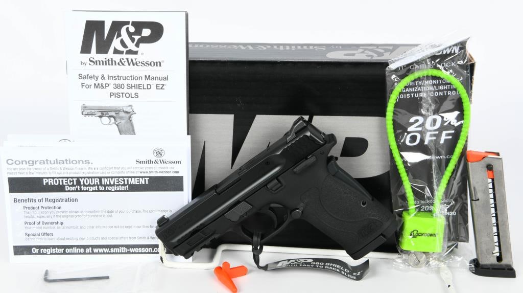 Smith & Wesson M&P 380 Shield EZ Pistol .380 ACP: Introducing the Smith & Wesson M&P 380 Shield EZ, a semi-auto pistol with a thumb safety, chambered in .380 ACP. This brand-new pistol comes in the factory box with two magazines, a lock, and paperwor