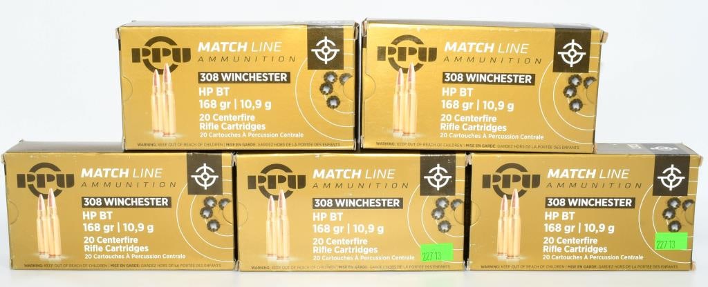 100 Rounds Of PPU Matchline .308 Win Ammunition: Secure 100 rounds of PPU Matchline .308 Win ammunition, featuring hollow point boat tail rounds with a 169-grain projectile. Manufactured by Prvi Partizan (PPU), known for its precision and reliabilit