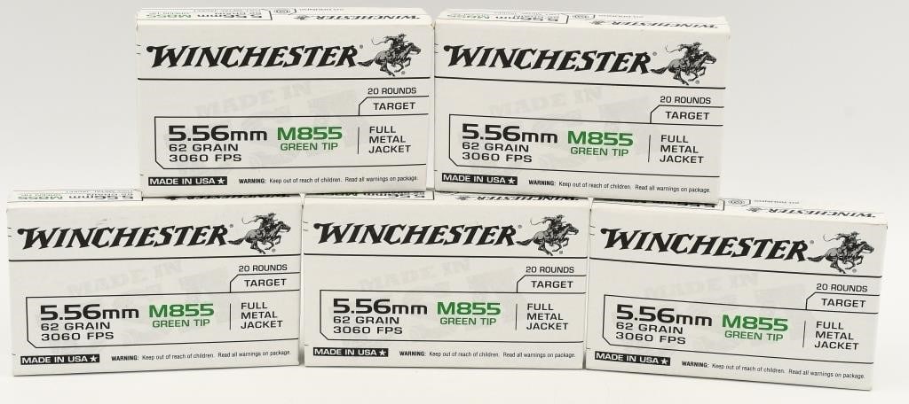 100 Rounds Of Winchester 5.56 Nato M855 Ammo: 100 Rounds Of Winchester 5.56 Nato M855 Ammo Winchester 5.56 NATO M855 Ammunition 62 Grains SS109 FMJ Green Tip 3060 fps 20 Rounds per Box Winchester SS109 Green Tip Penetrator Loaded by Winchester us