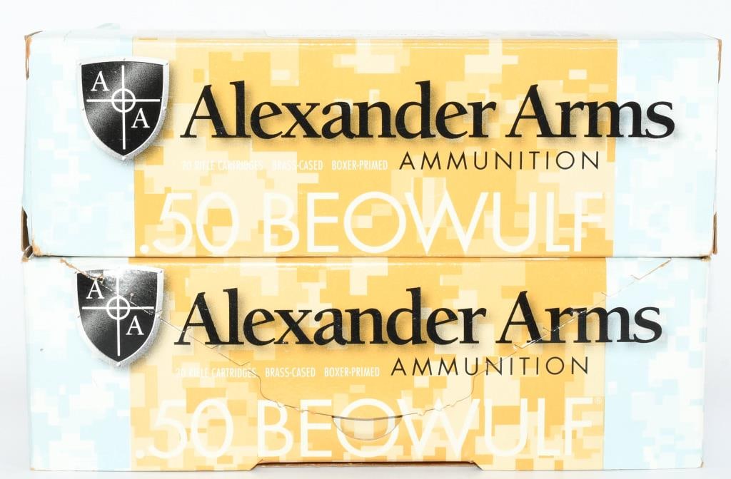 40 Rounds of Alexander Arms .50 Beowulf Ammo: Secure 40 rounds of Alexander Arms .50 Beowulf ammunition, featuring brass cases, boxed primers, and 355-grain Full Metal Jacket Rainier projectiles. Alexander Arms is renowned for its commitment to q