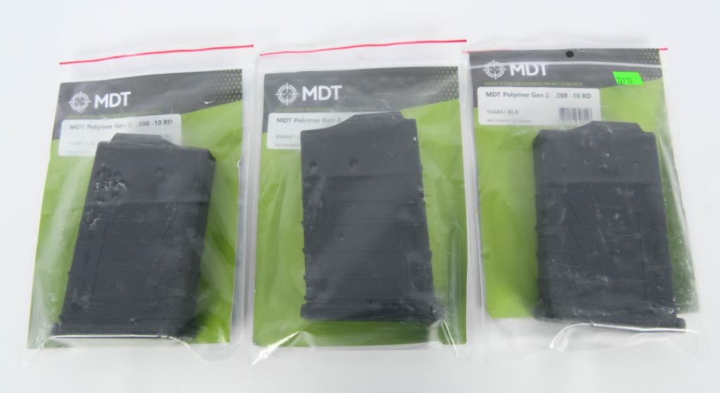 3 NIP MDT .308 Winchester Polymer Magazines: 3 NIP MDT .308 Winchester Polymer Magazines 10 Round Black MDT Detachable box magazines are designed to fit the MDT TAC21 and LSS Chassis systems, as well as many other M24 type chassis and bottom met