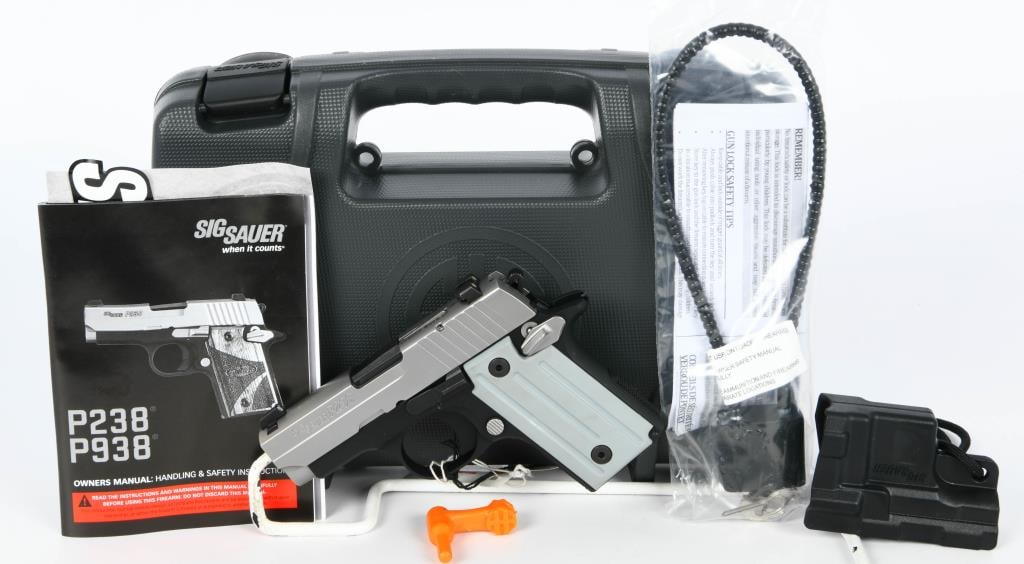 SIG Sauer P238 .380 ACP Semi Auto Pistol: The SIG Sauer P238 .380 ACP Semi Auto Pistol with a 2.7" barrel and a 6-round capacity is presented in brand new condition, arriving in the factory hard case. Rooted in SIG Sauer's rich heritage datin