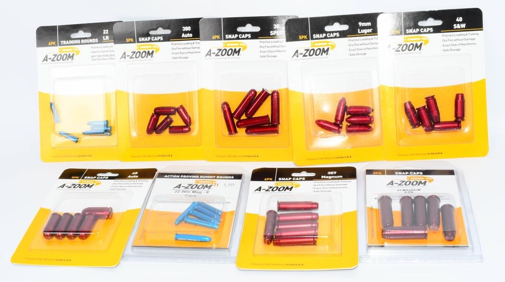 9 New Packs Of Various Cal A-Zoom Snap Caps: Hello, firearm enthusiasts! Get ready for a versatile and essential addition to your training gear with this set of A-Zoom Snap Caps. This unopened package includes 9 new packs, each containing precis