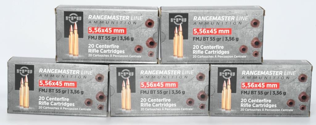 100 Rounds of PPU Range Master 5.56x45 Ammo: Secure 100 rounds of PPU Range Master 5.56x45 ammunition, featuring full metal jacket boat tail rounds with a 55-grain brass casing. Prvi Partizan, known for its reliability, offers consistent perform