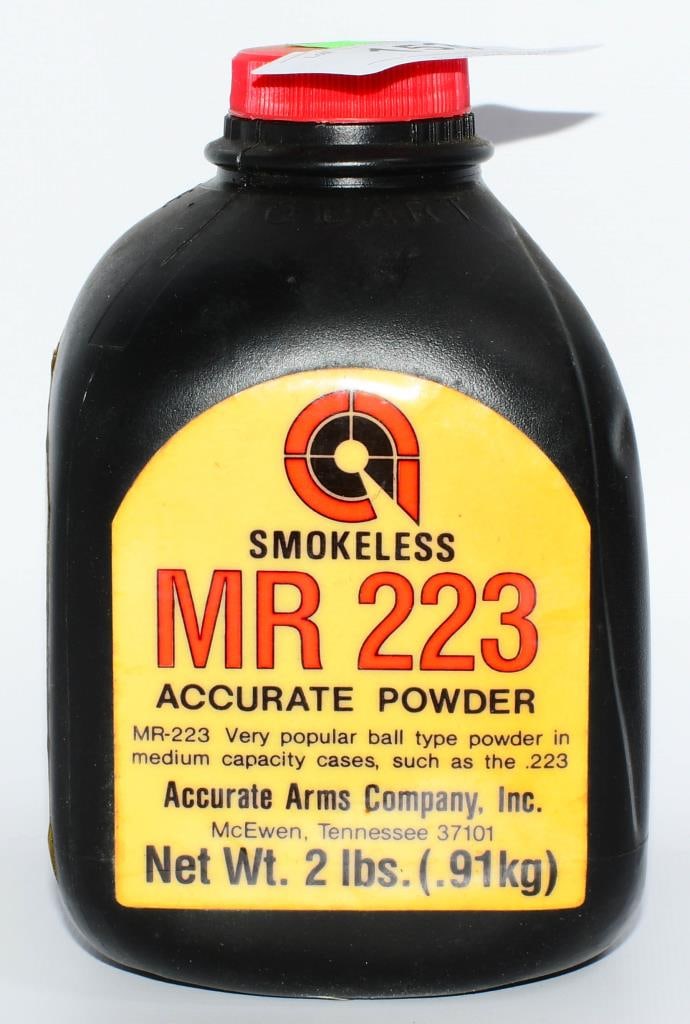 2 Lb Container Of Accurate MR 223 Gun Powder: 2 Lb Container Of Accurate MR 223 Gun Powder, Note Container Is Not Full And Weighs Only 1 Lb 4 Oz , MR-223 Very Popular Ball Type Powder In Medium Capacity Cases Such As .223