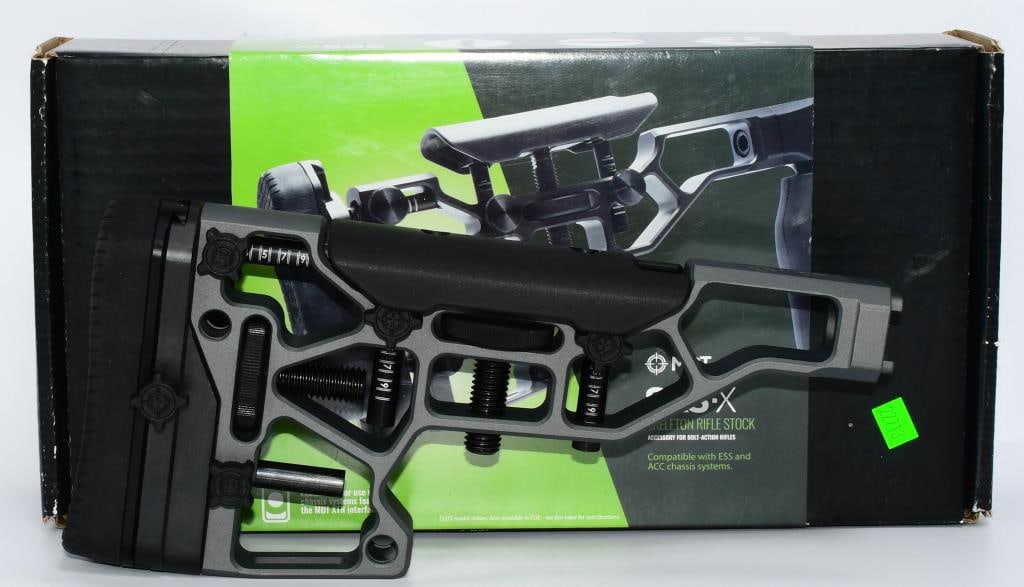 New in Box MDT SRS-X Skeleton Rifle Stock in Gray: Greetings, bidders! Here's your chance to upgrade your rifle with the MDT SRS-X Skeleton Rifle Stock in a stylish gray finish. This stock is new in the box and is compatible with ESS and ACC Chassis S