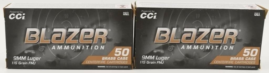100 Rounds of CCI Blazer 9mm Luger Ammunition: 100 Rounds of CCI Blazer 9mm Luger Ammunition FMJ 115 Grains This Blazer Brass 9mm Luger ammunition features a full metal jacket projectile for improved accuracy and reliability in a variety of firear