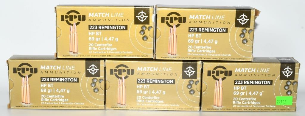 100 Rounds Of PPU Match .223 Rem Ammunition: Secure 100 rounds of PPU Match .223 Rem ammunition, featuring hollow point boat tail rounds with a 69-grain projectile. Manufactured by Prvi Partizan (PPU), known for its precision and reliability, th