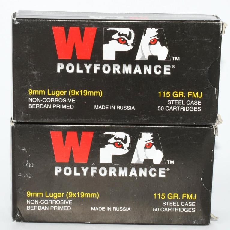 100 Rounds Of WPA 9mm Luger Ammunition: Secure 100 rounds of WPA 9mm Luger ammunition, featuring a 115-grain full metal jacket and steel case. Manufactured to provide reliable and cost-effective performance, WPA (Wolf Performance Ammunition