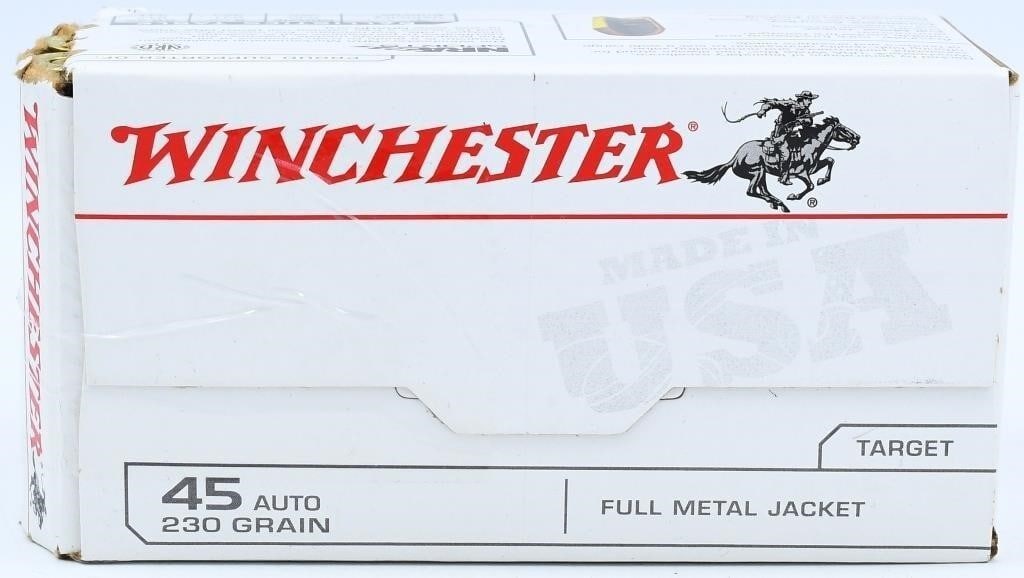 100 Rounds Of Winchester .45 Auto Ammunition: Secure 100 rounds of Winchester .45 Auto ammunition, featuring a 230-grain brass-cased full metal jacket round nose for reliable and accurate performance. Manufactured in the USA, Winchester is a trus