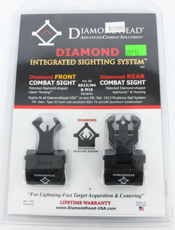 New Diamondhead AR-15 Diamond Flip-Up Sights: New Diamondhead AR-15 Diamond Flip-Up Sights, Same Plane Aluminum Black 1199 Diamondheads AR-15 Diamond Integrated Flip-Up Sighting System comprises the re-styled Diamond Rear Combat Sight and the Dia