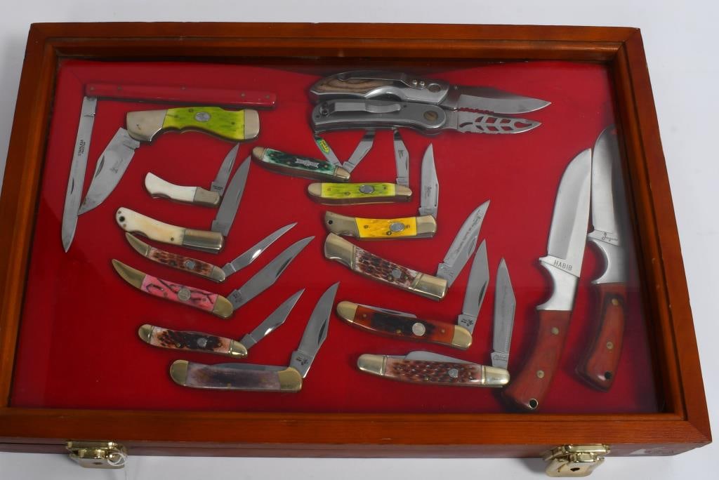 18 Collectible Knives in Wood / Glass Display: Immerse yourself in a collection of 18 collectible folding pocket knives, each presenting a unique combination of models, colors, and sizes. From the sleek and compact to the bold and robust, these po
