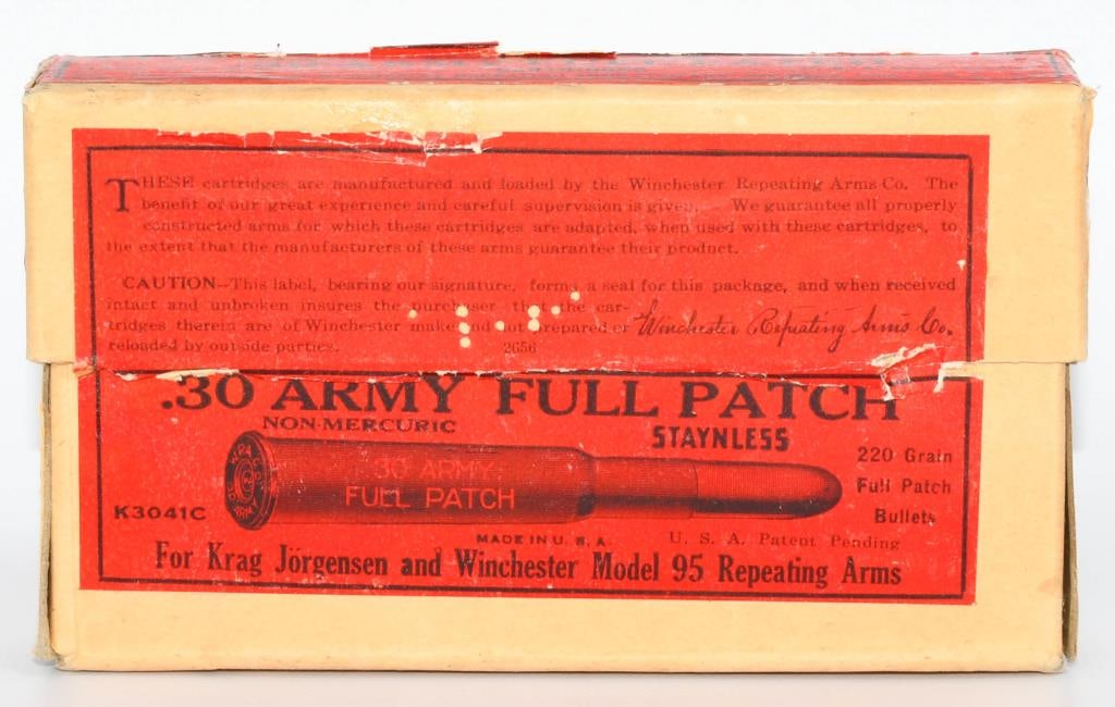 20 Rd Collector Box of Winchester .30 Army Ammo: Greetings, esteemed bidders! Immerse yourself in the allure of history with this exceptional collector box of Winchester .30 Army ammunition. Encased within, discover 20 rounds of .30-40 Krag Full Pat