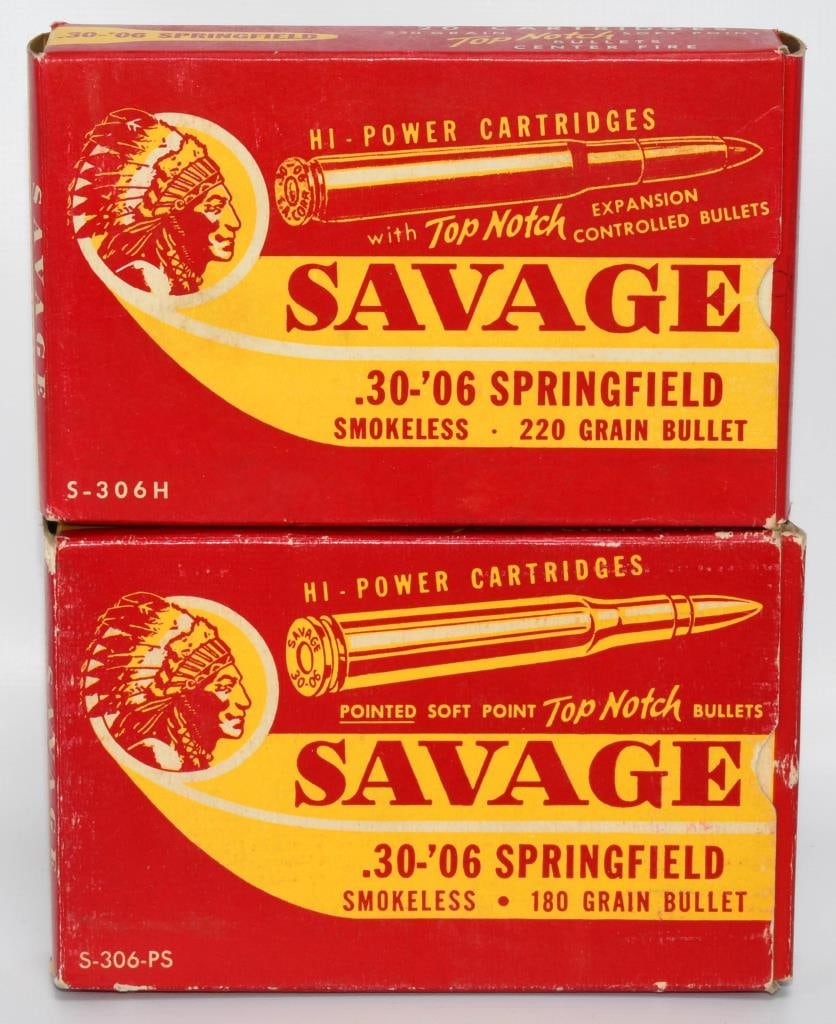 2 Collector Boxes Of Savage .30-06 Ammunition: Hello, esteemed collectors! Prepare to be captivated by a rare offering ? two collector boxes of Savage .30-06 Ammunition, each featuring the iconic Indian on the front. Within this unique collection,