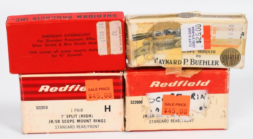 4 Vintage Scope Rings & Mount Bases: Greetings, optics aficionados! Delve into the world of vintage precision with this auction featuring 4 Vintage Scope Rings & Mount Bases. In the spotlight are 2 sets of Redfield 1" High & Low Scope Ri