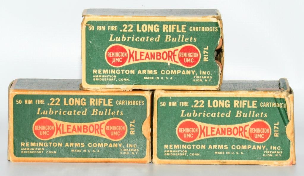 3 Collector Boxes Of Remington .22 LR Ammunition: Hello, avid collectors! Triple your excitement with this trio of collector boxes?Remington .22 LR Ammunition. Featuring the distinctive Dog Bone Edition boxes with the identifier #R17L and lubricated 