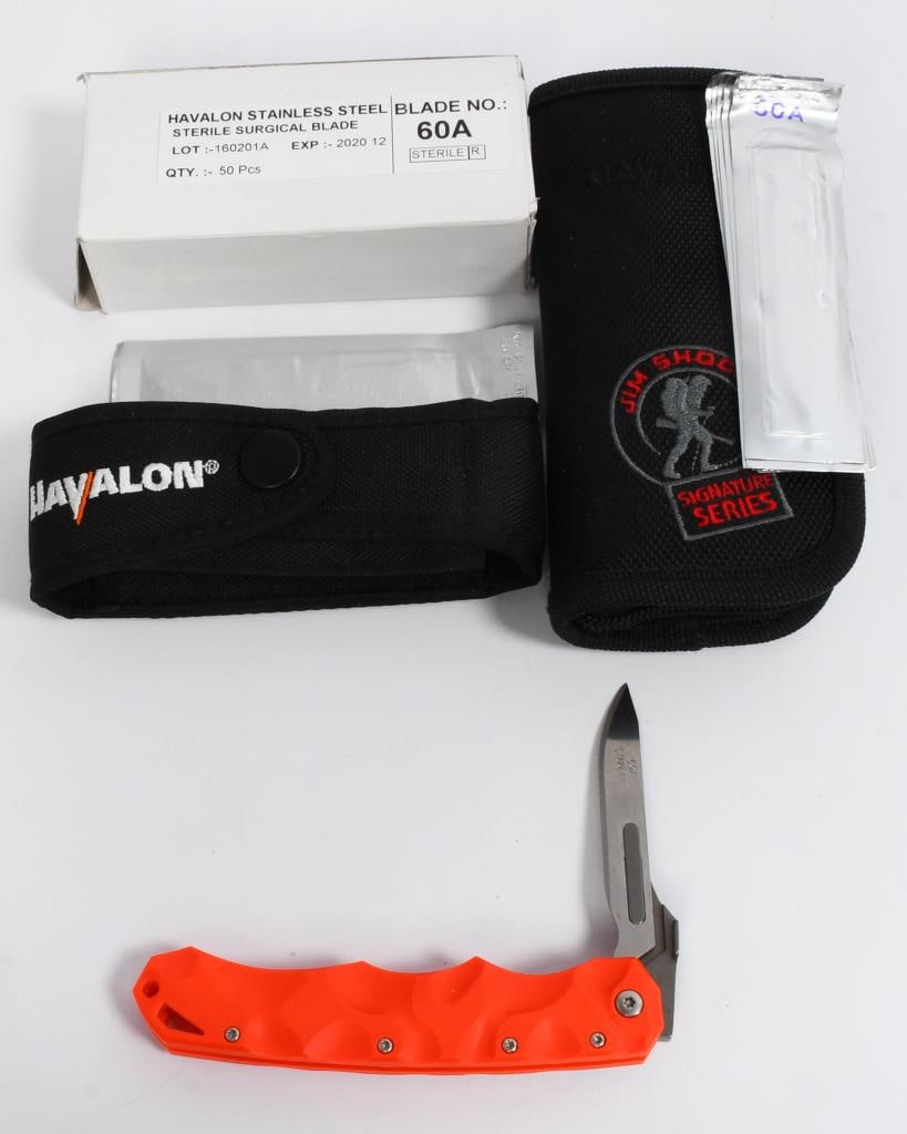 Havalon Piranta-Stag Folding Pocket Knife with: Havalon Piranta-Stag Folding Pocket Knife with Nylon Sheath and extra blades, a storage case with blades and a box of blades. Introducing the Havalon Piranta Stag Folding Knife, a versatile and practi