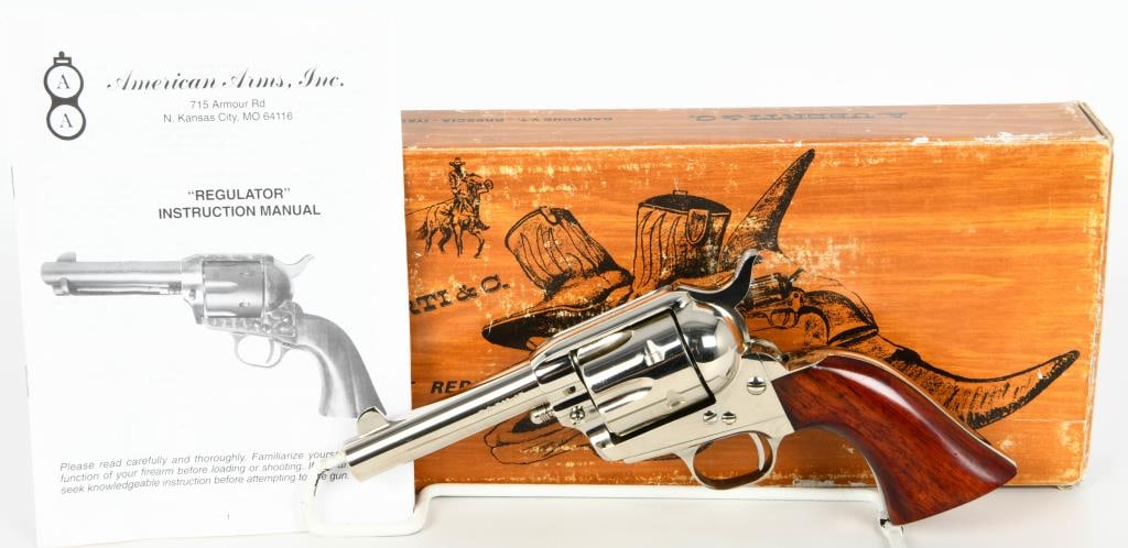 American Arms Inc. Regulator SA Revolver .45 Colt: American Arms Inc. Regulator: Elegance in .45 Colt Behold the American Arms Inc. Regulator, a single-action revolver chambered in .45 Colt, marrying classic design with modern precision. Adorned in a 