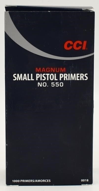 1000 CCI Magnum Primers Small Pistol #550: Lot contains one box of CCI Magnum Primers Small Pistol #550, quantity 1000. CCI Primers are continuously tested and improved. As a result today's CCI primers are more sensitive, easier to seat and mo