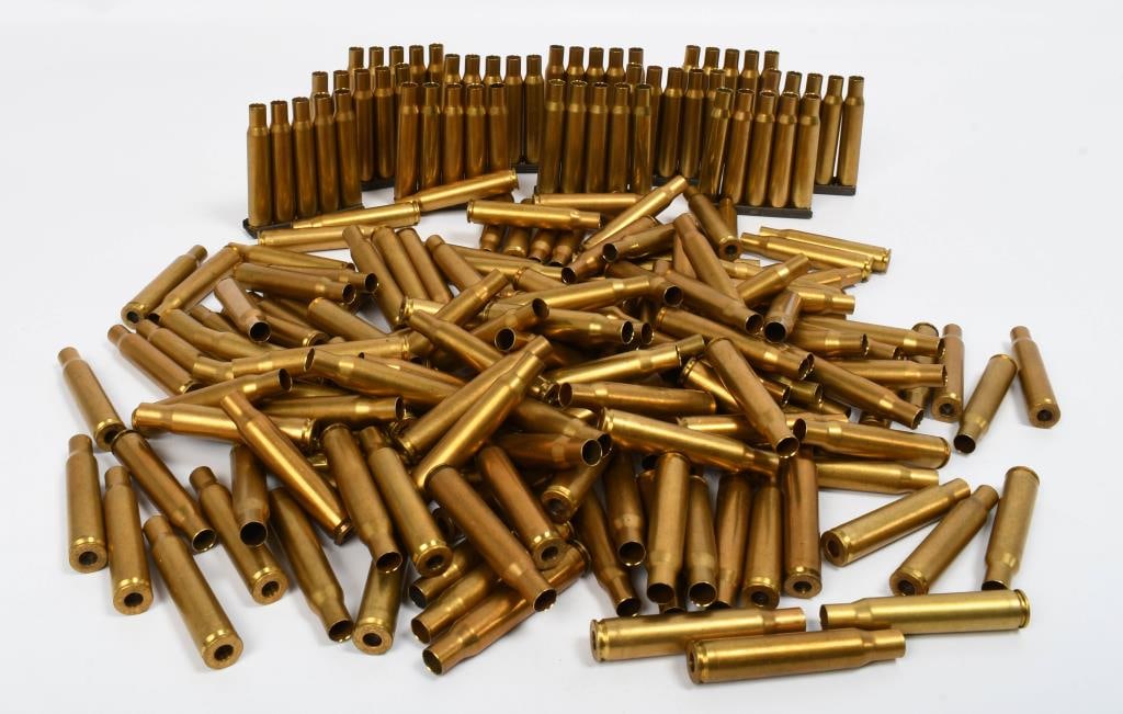 approx 200 Winchester 30-06 Brass Deprimed/clean: lot contains approx 200 Winchester 30-06 sprg brass deprimed and cleaned and trimmed per the consignor, there is also 11 clips to in this lot each clip holds five cartridges