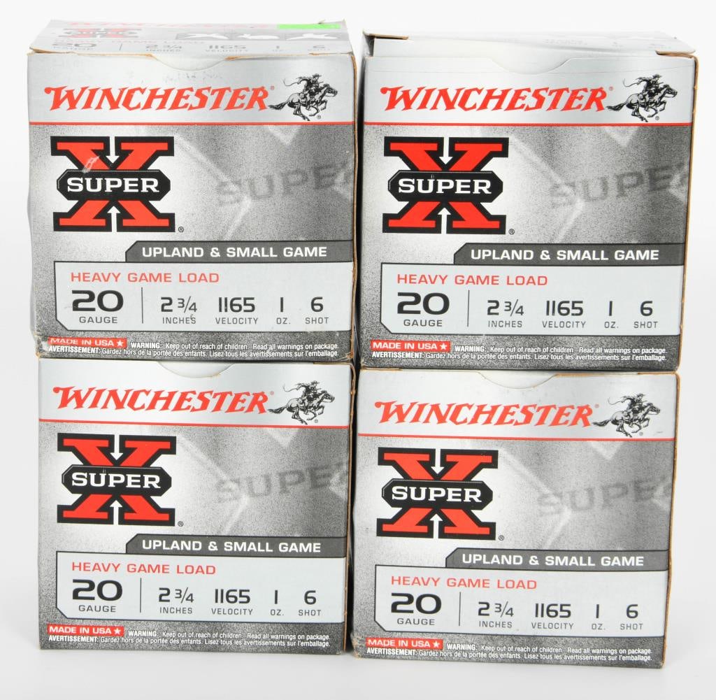 100 rds 20 Gauge Winchester Super X ammunition: lot contains 4 bxs 25 rds each box of the Winchester 20 Gauge Super X ammunition, 6 shot 1 oz rounds 2 3/4 inches, Upland and small game ammo