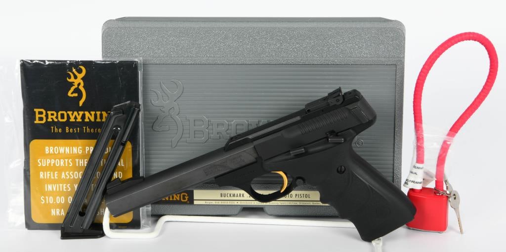 Nice Browning Buckmark Semi Auto Pistol .22 LR: Up Next We Have a Nice Mint Browning Buckmark Semi Auto Pistol Chambered For .22 LR, Gold Trigger, It Comes in The Factory Hardcase WIth Two Magazines, Paperwork, and Lock. Very Clean!