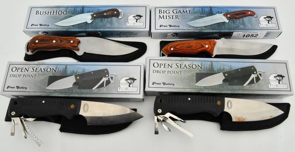 4) NIB Various Knives- Big Game Miser, Bush Hog: lot contains four new in the box collectible and very useable knives by Frost Cutlery, these are the Pro Guide Series; first knife is the Big Gamer Miser; Features Matte Stainless steel blade, with ov