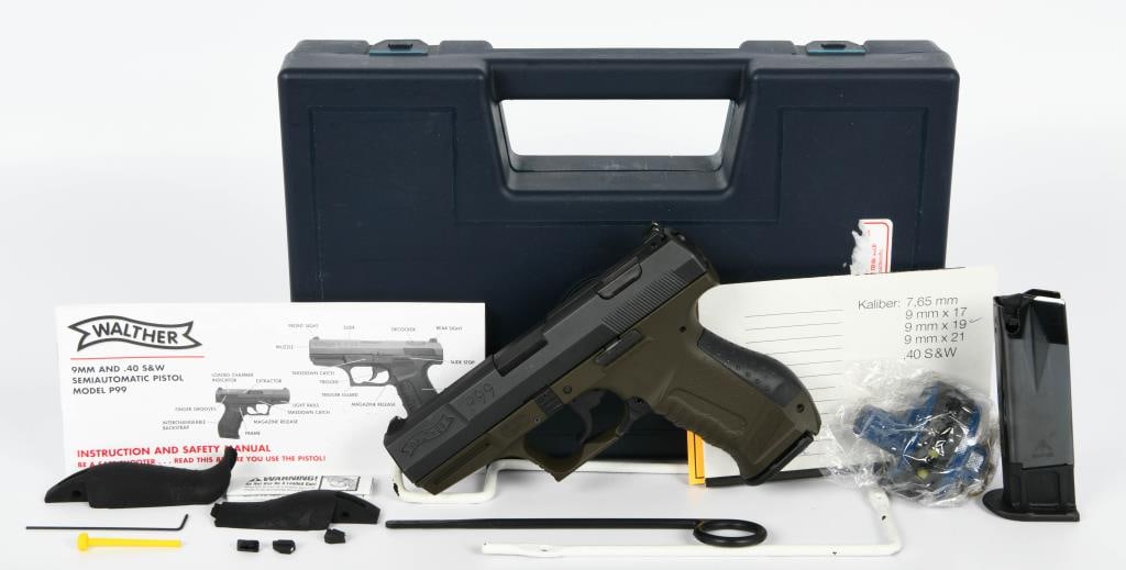 German Walther P99 Semi Auto Pistol 9MM: Up Next is a Nice German Made Walther P99 Semi Auto Pistol Chambered in 9MM, It Comes With Two Magazines, Interchangable Backstraps, Lock, Paperwork, and in the Factory Hardcase. Appears in Excellent 