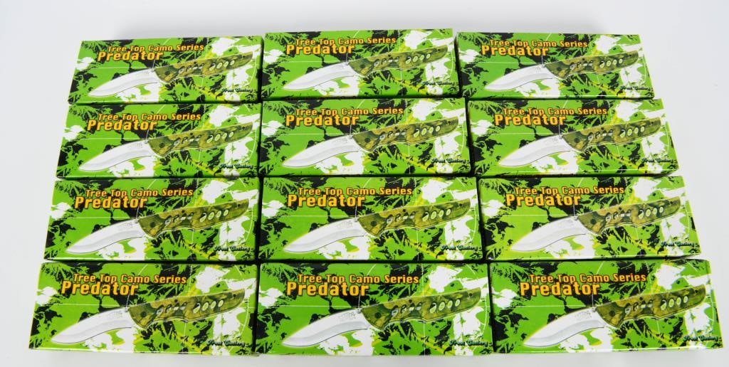 12 NIP Frost Cutlery Tree Top Predator Series: Knives; Attention, esteemed bidders! We are pleased to present a collection of 12 brand-new in packaging Frost Cutlery Tree Top Predator Series Knives. Each knife measures 5 1/2" closed and features a