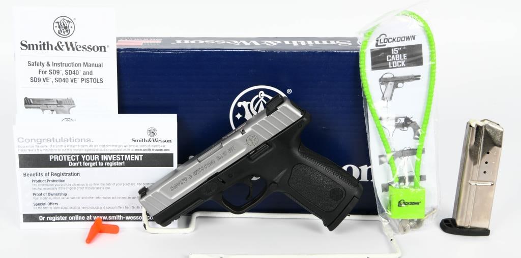 Smith & Wesson Model SD9 VE Semi Auto Pistol 9MM: Up Next We Have a Smith & Wesson Model SD9 VE Semi Auto Pistol Chambered in 9MM, It Appears as Brand New and Comes in The Factory Box With Paperwork and Two Magazines.
