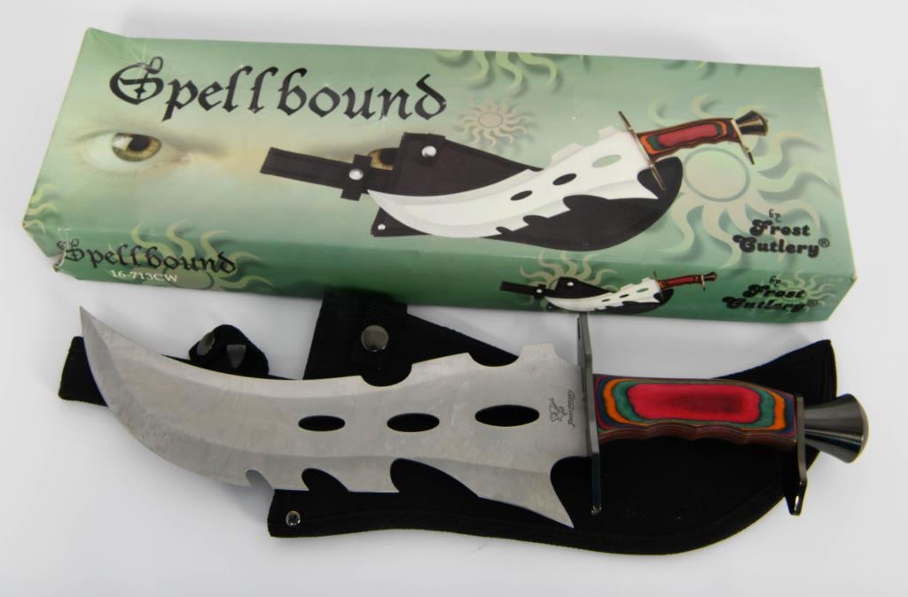 NIB Frost Cutlery Large Spellbound Fixed Blade: Knife; Greetings, bidders! Here's your chance to own the magnificent NIB Frost Cutlery Large Spellbound Fixed Blade Knife. This awe-inspiring knife boasts a remarkable 17" overall length with a custom