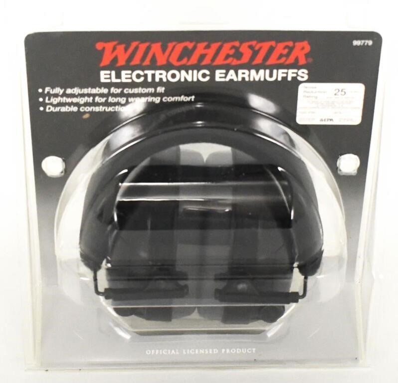 NEW Winchester Electronic Earmuffs, adjustable: New In Package Winchester Electronic Earmuffs Fully adjustable for custom fit,, lightweight for long wearing comfort, durable construction, noice reduction rating 25 decibels