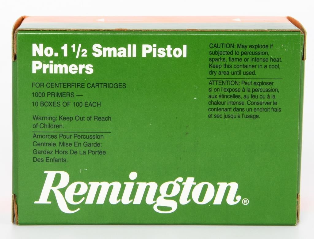 1000 Ct Of Remington # 1 1/2 Small Pistol Primers: Attention, esteemed bidders! Here's an exceptional offering: a bulk quantity of 1000 count Remington #1 1/2 Small Pistol Primers, meticulously crafted for your reloading needs. These small pistol prim