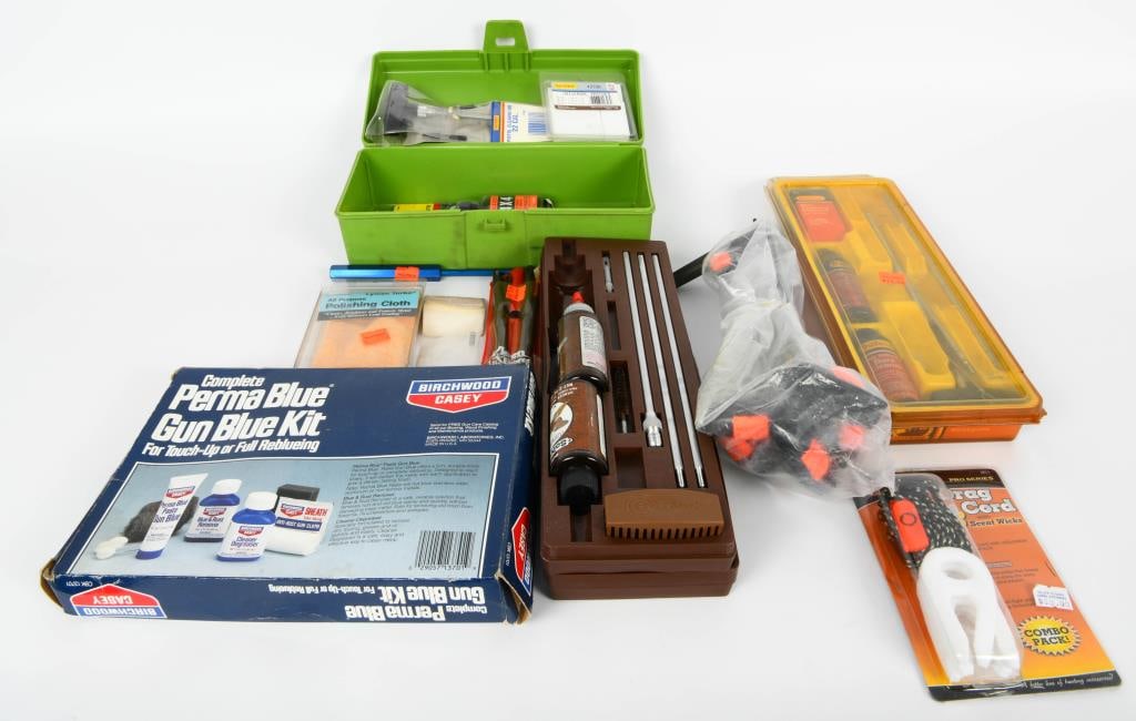 Gun Cleaning lot and more! Blueing Kit,: Vintage Outers Gun cleaning kit appears as new old stock with rods, brushes, cleaning solvent all in a nice plastic storage container, there is a Outers Gun cleaning kit with solven and brushes and ro